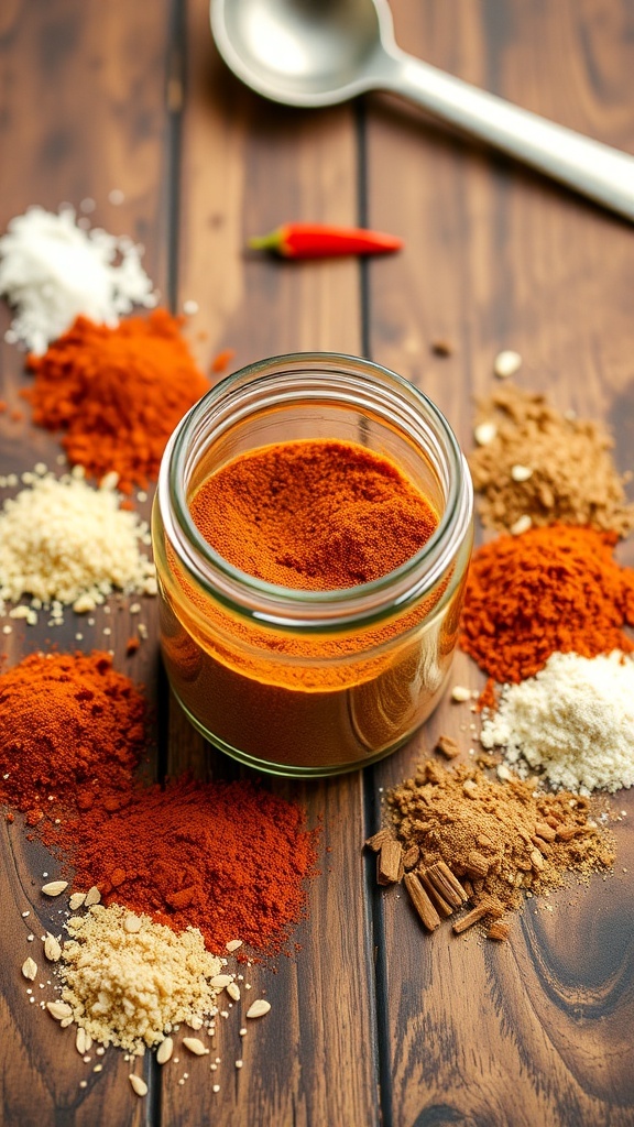 A jar of homemade taco seasoning with spices on a wooden table.